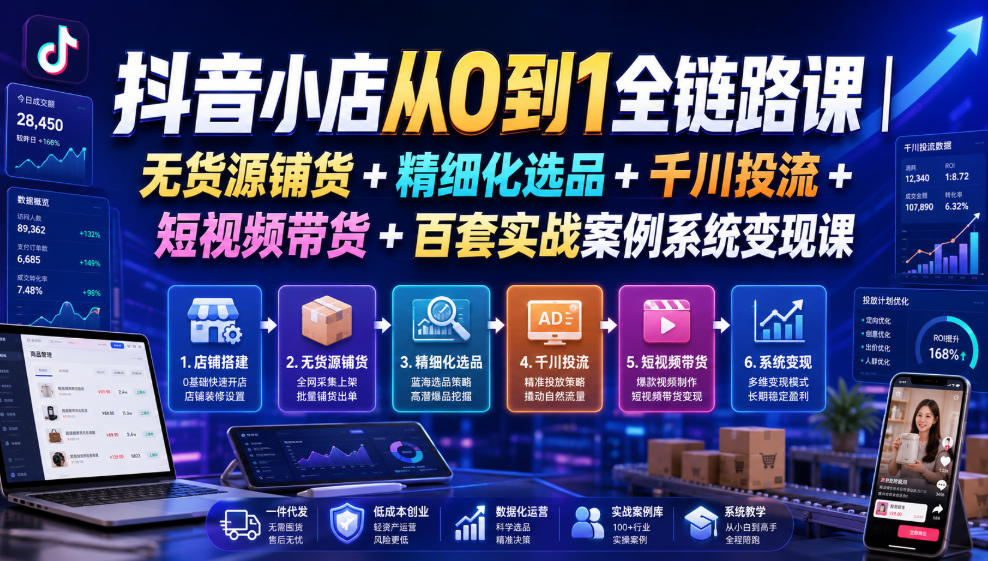 抖音小店从0到1全链路课｜无货源铺货+精细化选品+千川投流+短视频带货+百套实战案例系统变现课(2026年7月更新)-天梦资源网