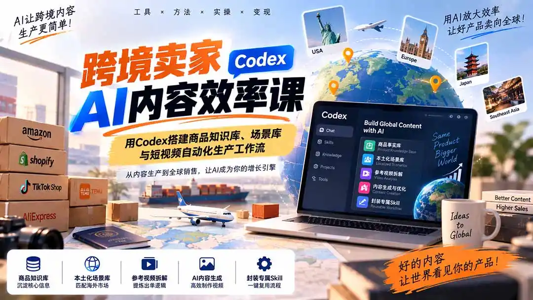 跨境卖家AI内容效率课：用Codex搭建商品知识库、场景库与短视频自动化生产工作流-天梦资源网