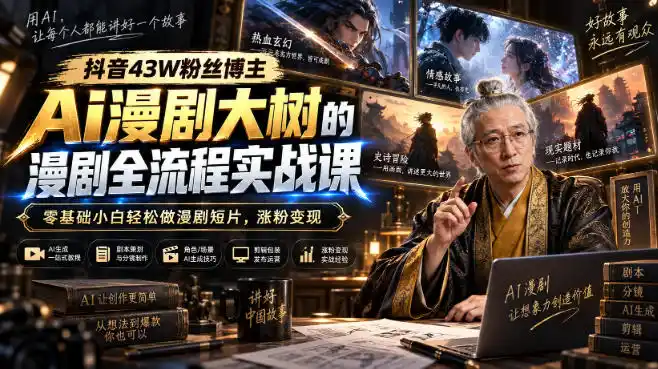 抖音43W粉丝博主Ai漫剧大树的漫剧制作全流程实战课，零基础小白轻松做漫剧短片，涨粉变现-天梦资源网