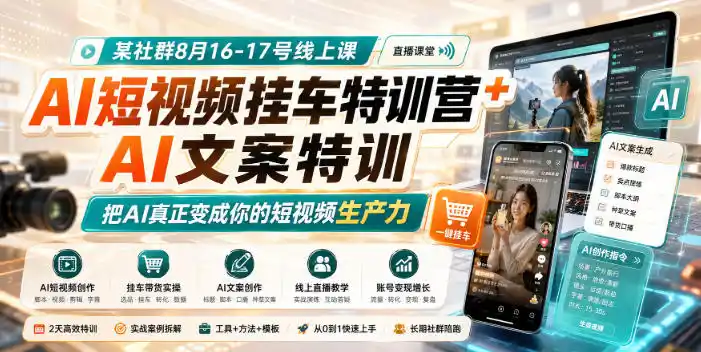 某社群8月16-17号线上课，AI短视频挂车特训营+AI文案特训，把AI真正变成你的短视频生产力-天梦资源网