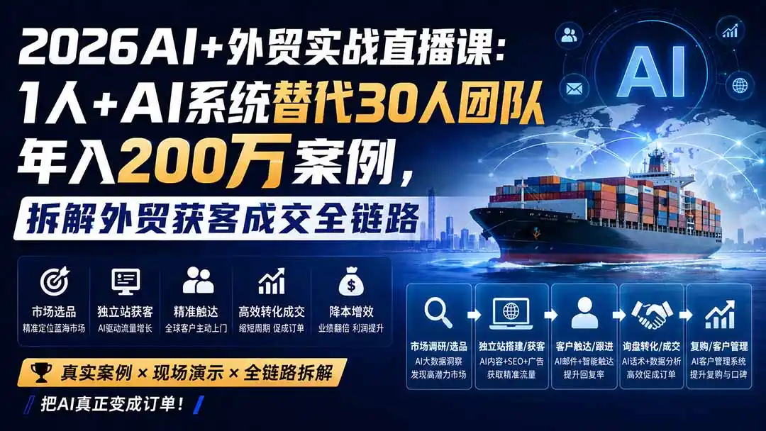 2026AI+外贸实战直播课：1人+AI系统替代30人团队年入200万案例，拆解外贸获客成交全链路-天梦资源网