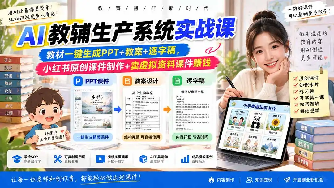 AI教辅生产系统实战课｜教材一键生成PPT+教案+逐字稿，小红书原创课件制作+卖虚拟资料课件赚钱-天梦资源网
