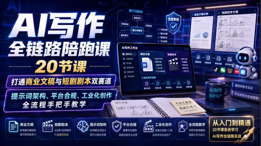 AI写作全链路陪跑课｜20节课打通商业文稿与短剧剧本双赛道，提示词架构、平台合规、工业化创作全流程手把手教学-天梦资源网