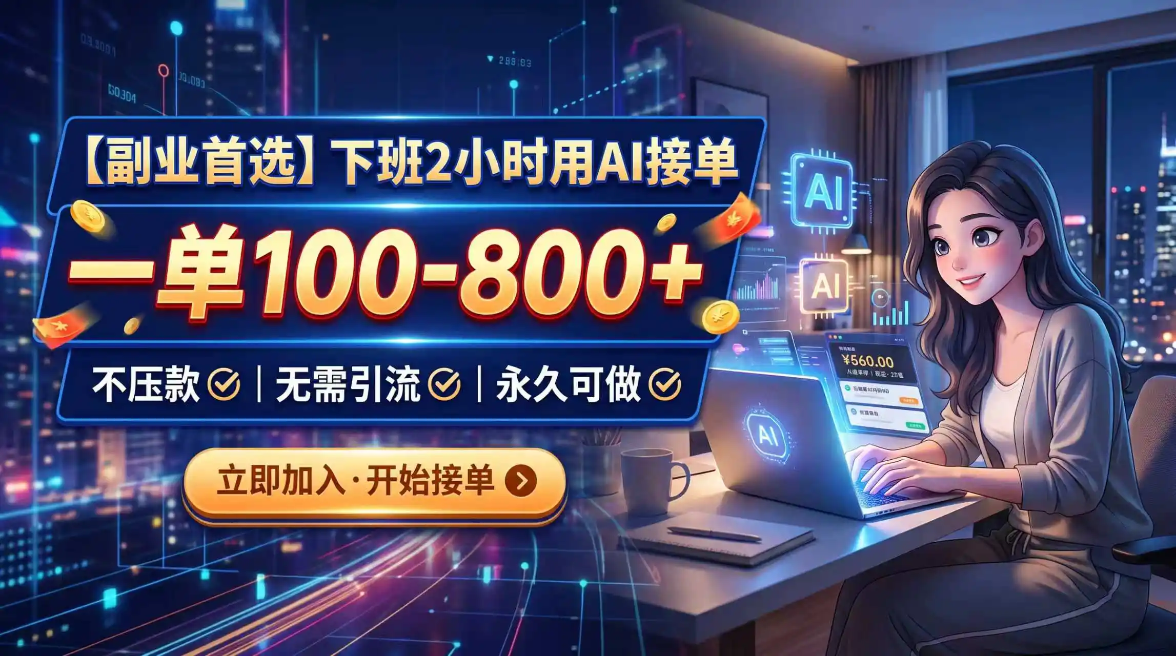 下班2小时用AI接单，一单100-800+，不压款，无需引流，永久可做-天梦资源网