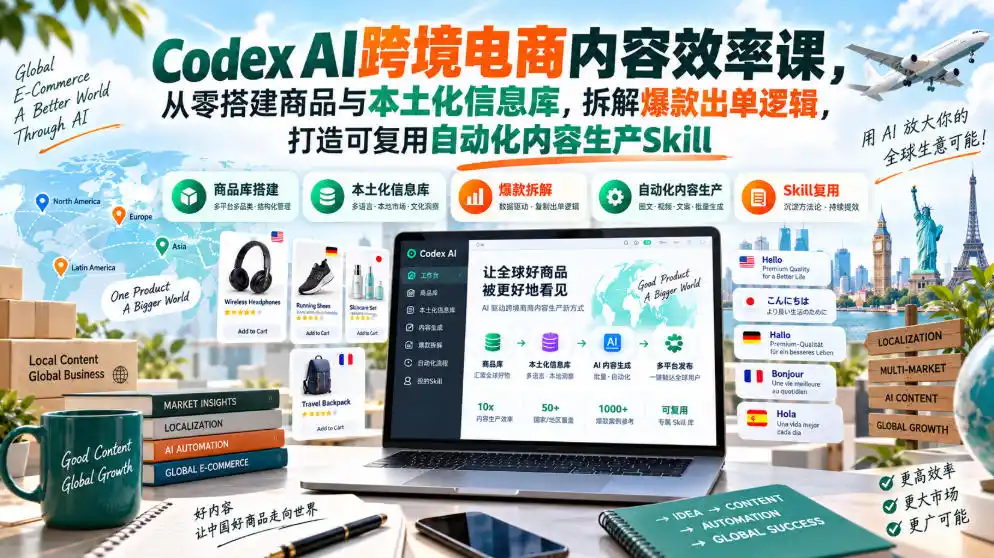 Codex AI跨境电商内容效率课，从零搭建商品与本土化信息库，拆解爆款出单逻辑，打造可复用自动化内容生产Skill-天梦资源网
