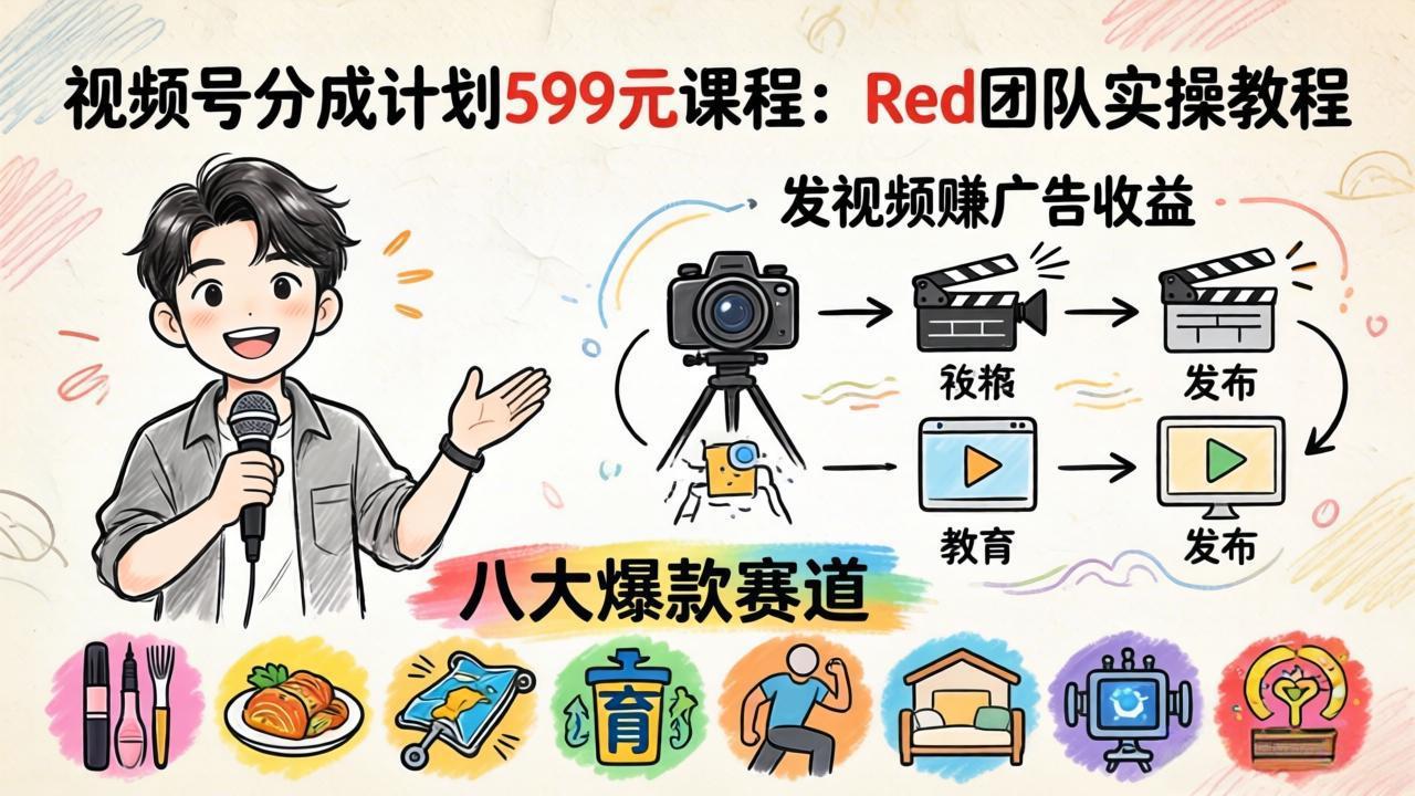 视频号分成计划599元课程：Red团队实操教程，发视频赚广告收益，八大爆款赛道全掌握-天梦资源网
