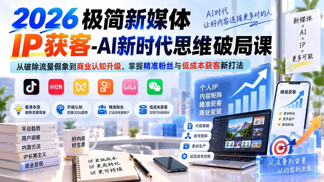 2026极简新媒体IP获客-AI新时代思维破局课：从破除流量假象到商业认知升级，掌握精准粉丝与低成本获客新打法-天梦资源网