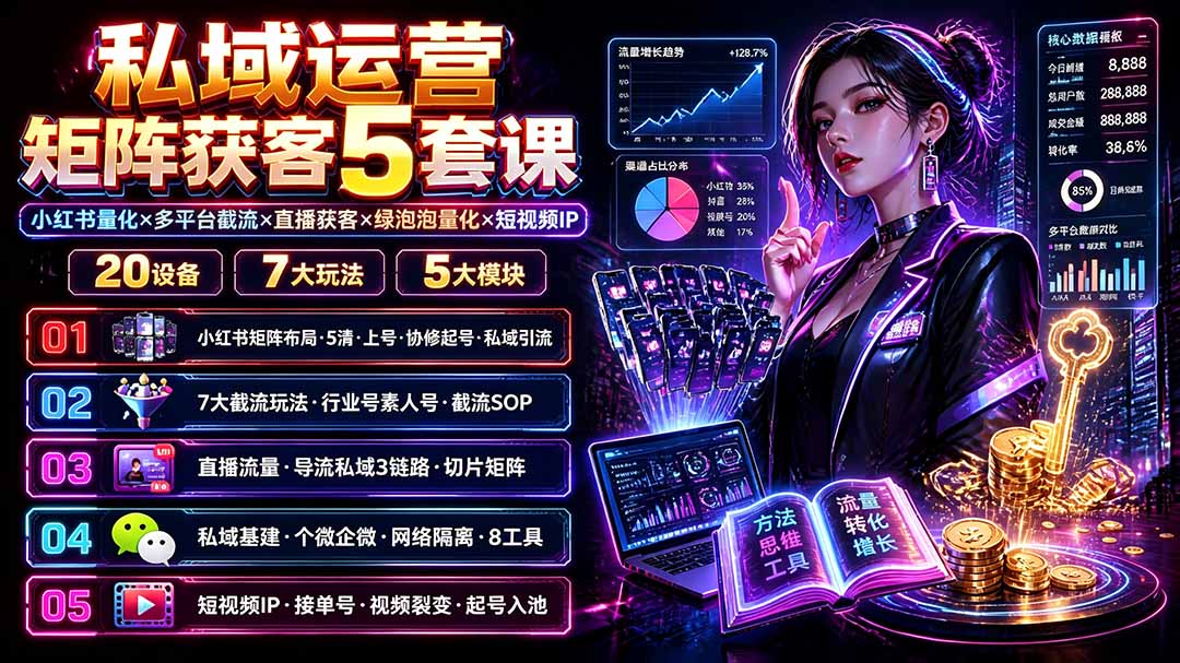 私域运营矩阵获客5套课：小红书量化×多平台截流×直播获客×绿泡泡量化×短视频IP×20设备×7大玩法-天梦资源网