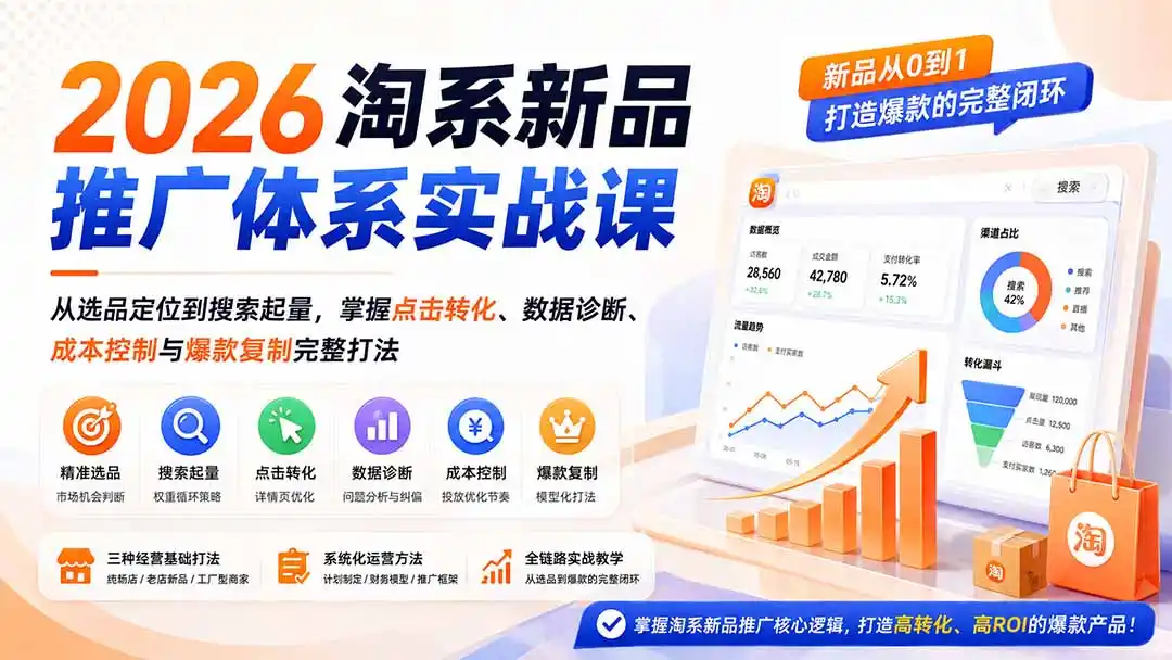 2026淘系新品推广体系实战课：从选品定位到搜索起量，掌握点击转化、数据诊断、成本控制与爆款复制完整打法-天梦资源网