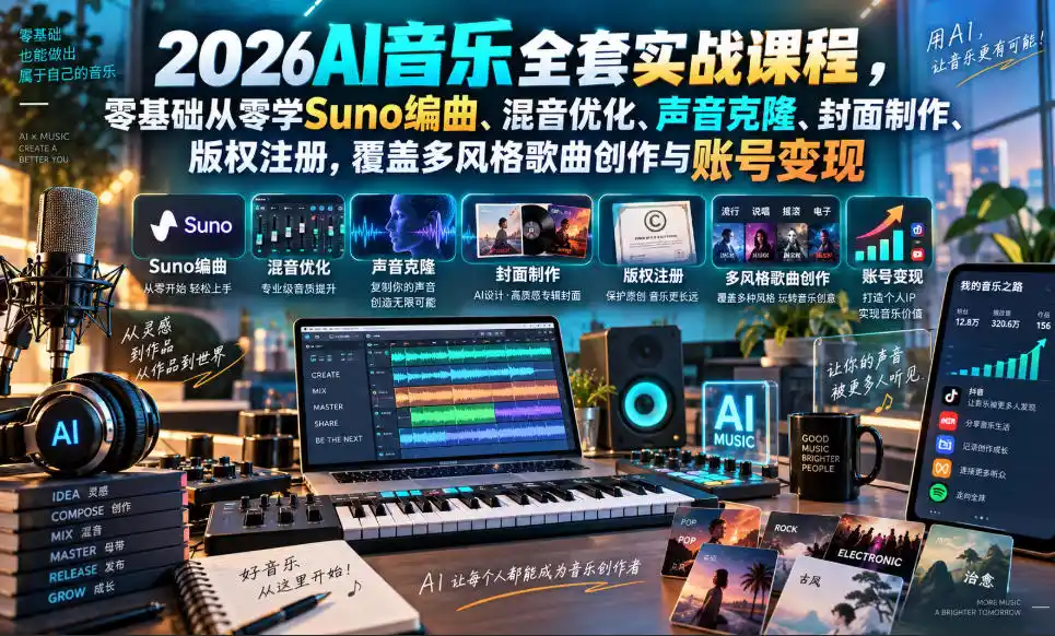 2026AI音乐实战课程，零基础从零学Suno编曲、混音优化、声音克隆、版权注册，覆盖多风格歌曲创作与账号变现-天梦资源网