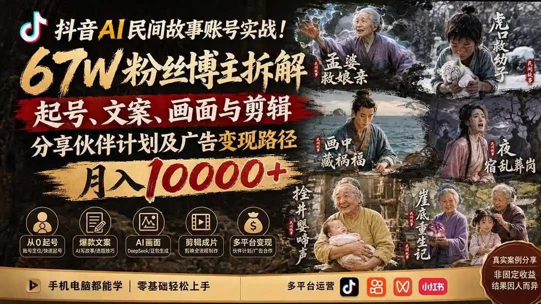 抖音AI民间故事账号实战！67W粉丝博主拆解起号、文案、画面与剪辑，分享伙伴计划及广告变现路径，月入10000+-天梦资源网