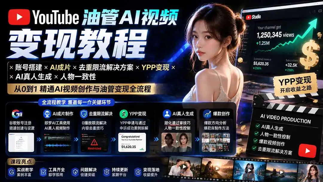YouTube油管AI视频变现教程-更新：账号搭建×AI成片×去重限流解决方案×YPP变现×AI真人生成×人物一致性-天梦资源网