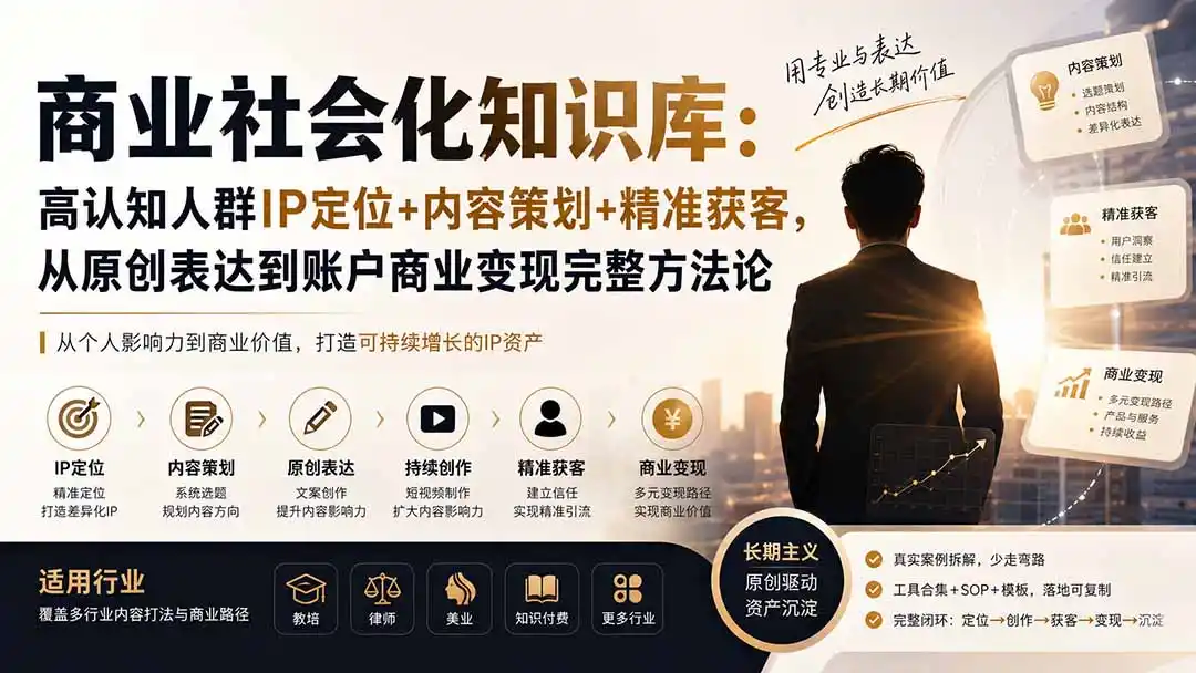 商业社会化知识库：高认知人群IP定位+内容策划+精准获客，从原创表达到账户商业变现完整方法论-天梦资源网