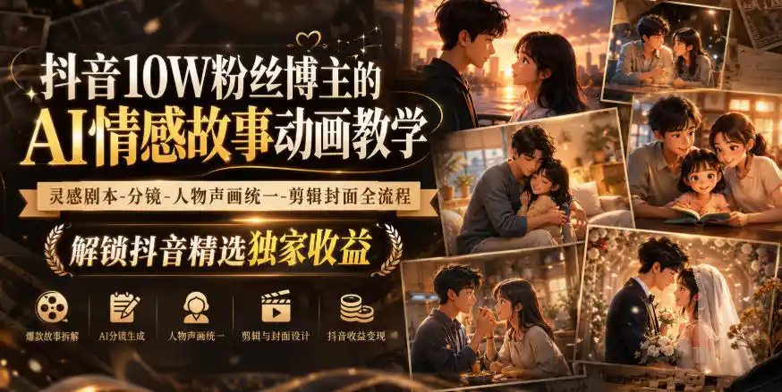 抖音10W粉丝博主的AI情感故事动画教学，灵感剧本‑分镜‑人物声画统一‑剪辑封面全流程，解锁抖音精选独家收益-天梦资源网