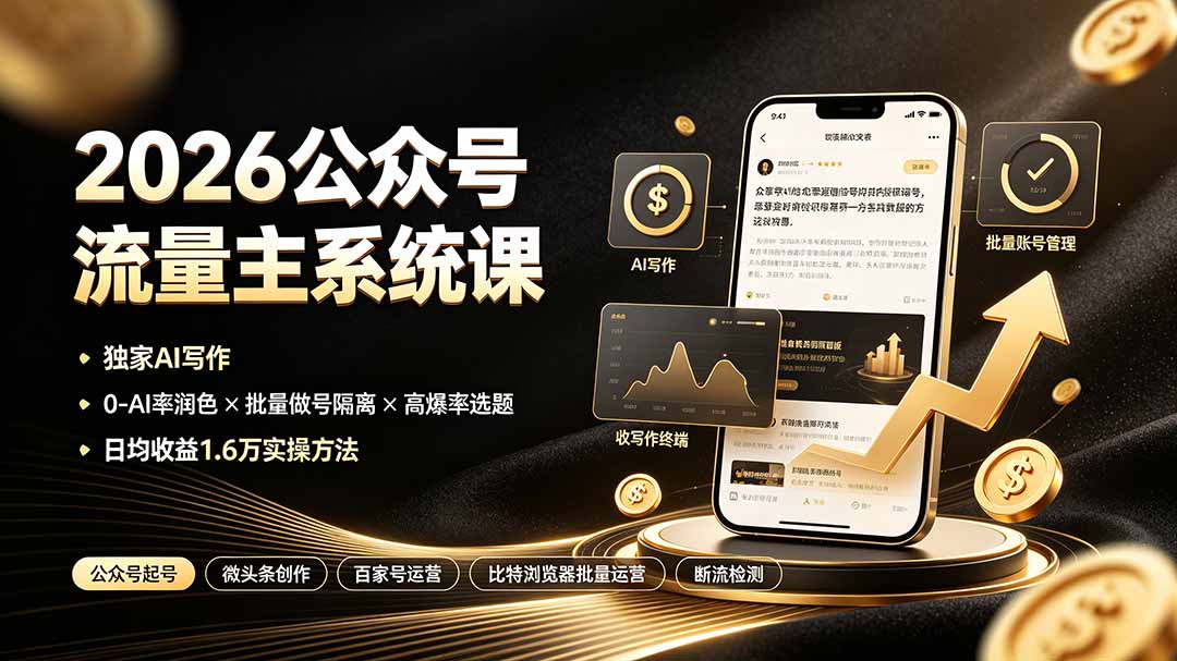 2026公众号流量主系统课：独家AI写作×0-AI率润色×批量做号隔离×高爆率选题，日均收益1.6万实操方法-天梦资源网