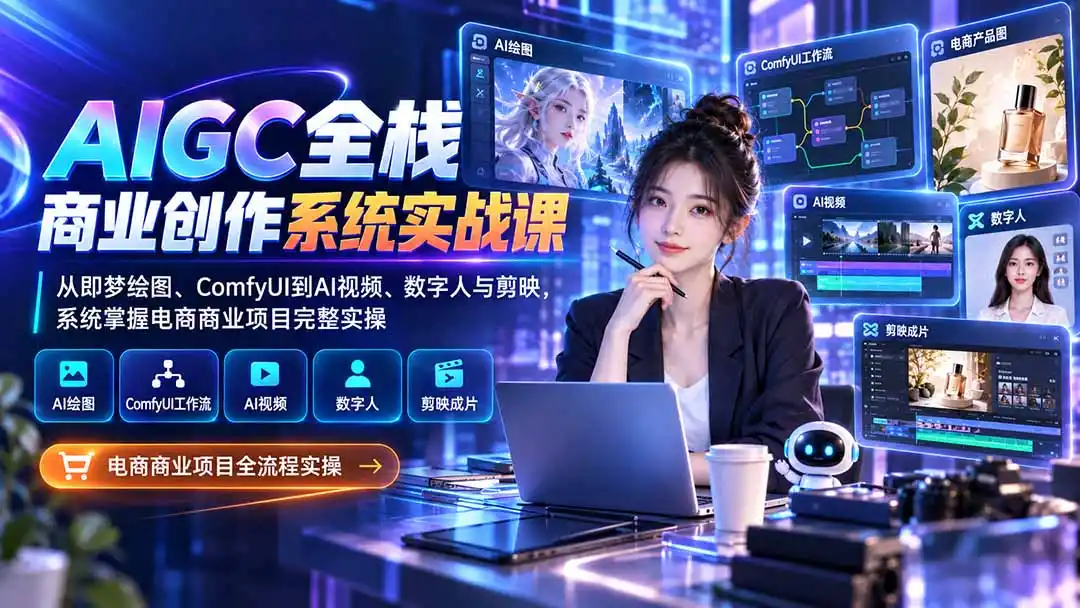 AIGC全栈商业创作系统实战课：从即梦绘图、ComfyUI到AI视频、数字人与剪映，系统掌握电商商业项目完整实操-天梦资源网