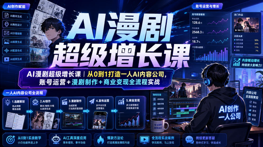 AI漫剧超级增长课｜从0到1打造一人AI内容公司，账号运营+漫剧制作+商业变现全流程实战-天梦资源网