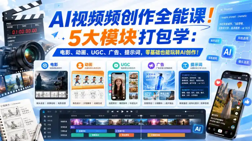 AI视频频创作全能课！5大模块打包学：电影、动画、UGC、广告、提示词，零基础也能玩转AI创作！【原创双语字幕】-天梦资源网