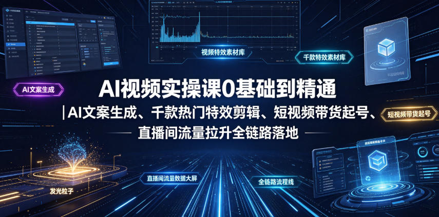 AI视频实操课0基础到精通｜AI文案生成、千款热门特效剪辑、短视频带货起号、直播间流量拉升全链路落地-天梦资源网
