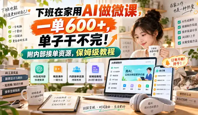 下班在家用AI做微课，一单600+，单子干不完！附内部接单资源，保姆级教程【揭秘】-天梦资源网