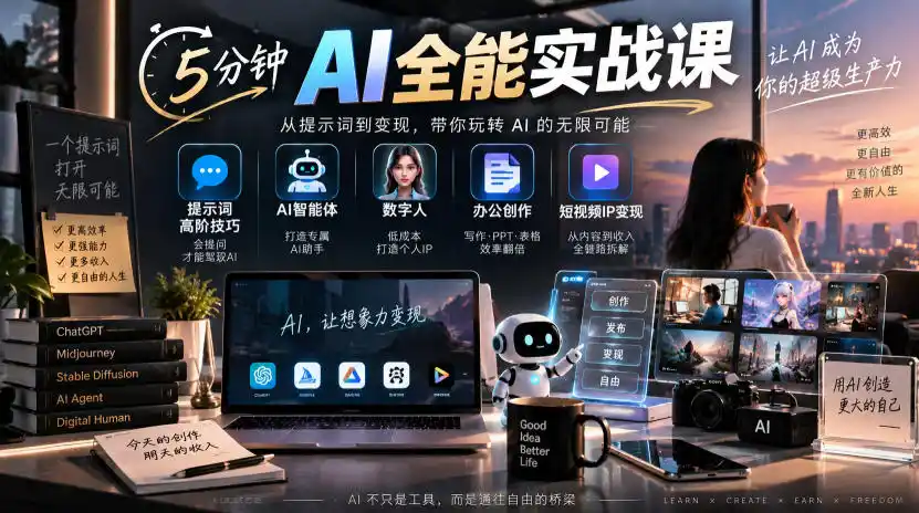 5分钟AI全能实战课｜提示词高阶技巧+AI智能体+数字人+办公创作+短视频IP变现全教程-天梦资源网