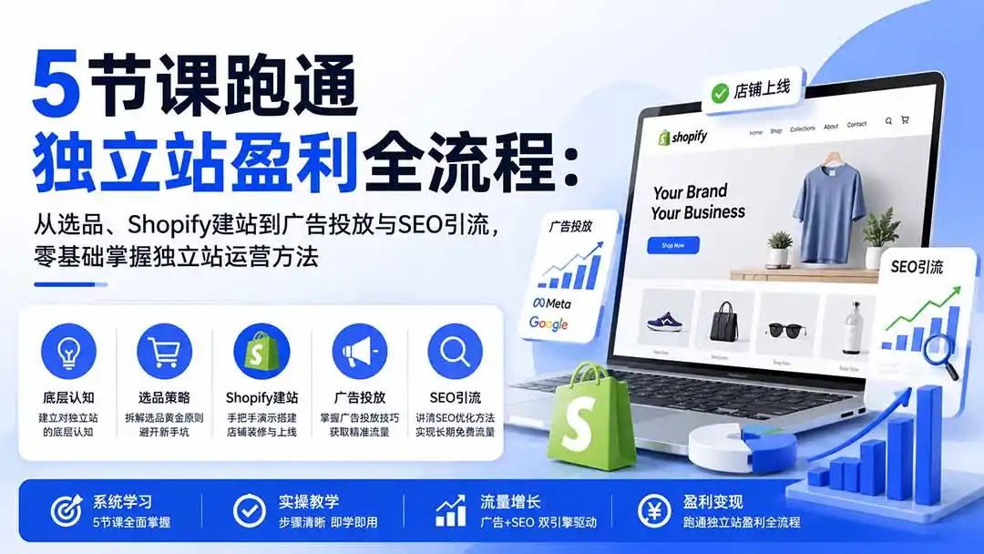 5节课跑通独立站盈利全流程：从选品、Shopify建站到广告投放与SEO引流，零基础掌握独立站运营方法-天梦资源网