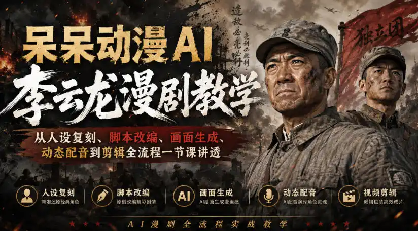 呆呆动漫AI李云龙漫剧教学，从人设复刻、脚本改编、画面生成、动态配音到剪辑全流程一节课讲透-天梦资源网