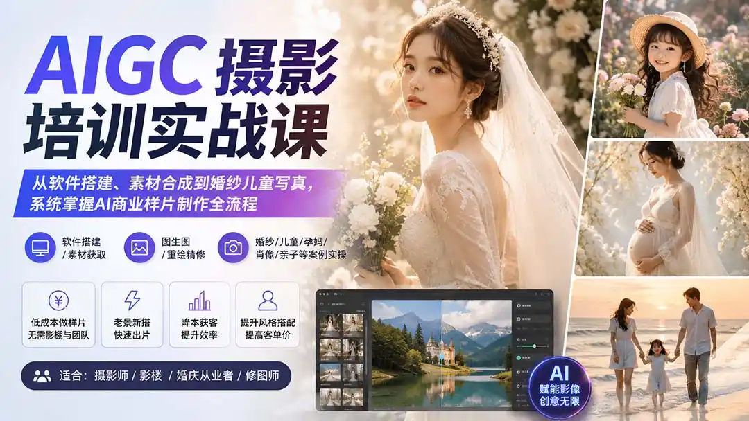 AIGC摄影培训实战课：从软件搭建、素材合成到婚纱儿童写真，系统掌握AI商业样片制作全流程-天梦资源网