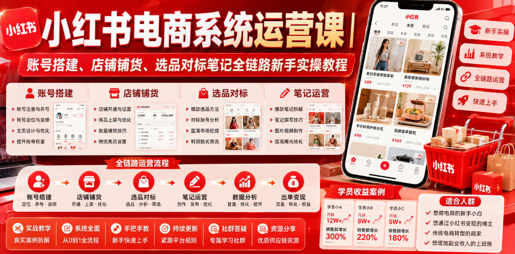 小红书电商系统运营课｜账号搭建、店铺铺货、选品对标笔记全链路新手实操教程-天梦资源网