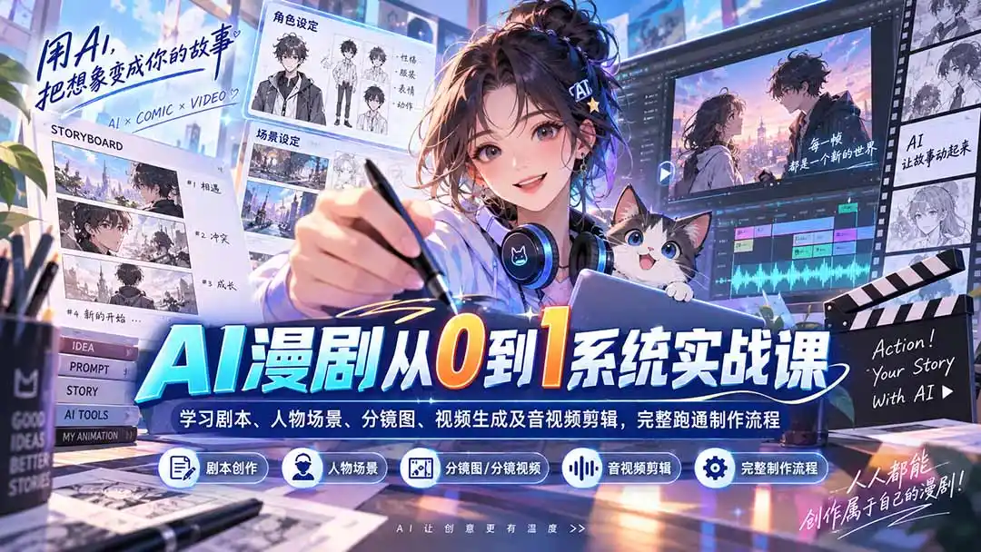 AI漫剧从0到1系统实战课：学习剧本、人物场景、分镜图、视频生成及音视频剪辑，完整跑通制作流程-天梦资源网