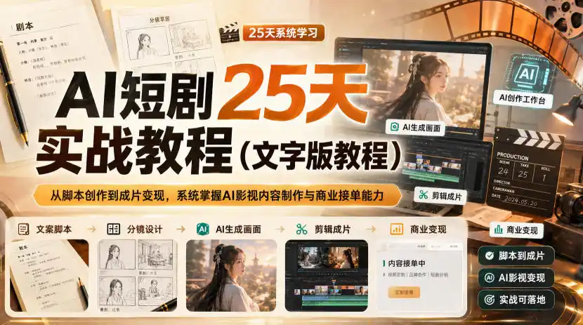 AI短剧25天实战教程(文字版教程)，从脚本创作到成片变现，系统掌握AI影视内容制作与商业接单能力-天梦资源网