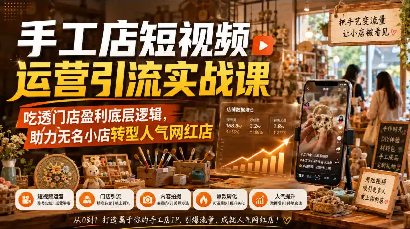 手工店短视频运营引流实战课，吃透门店盈利底层逻辑，助力无名小店转型人气网红店-天梦资源网