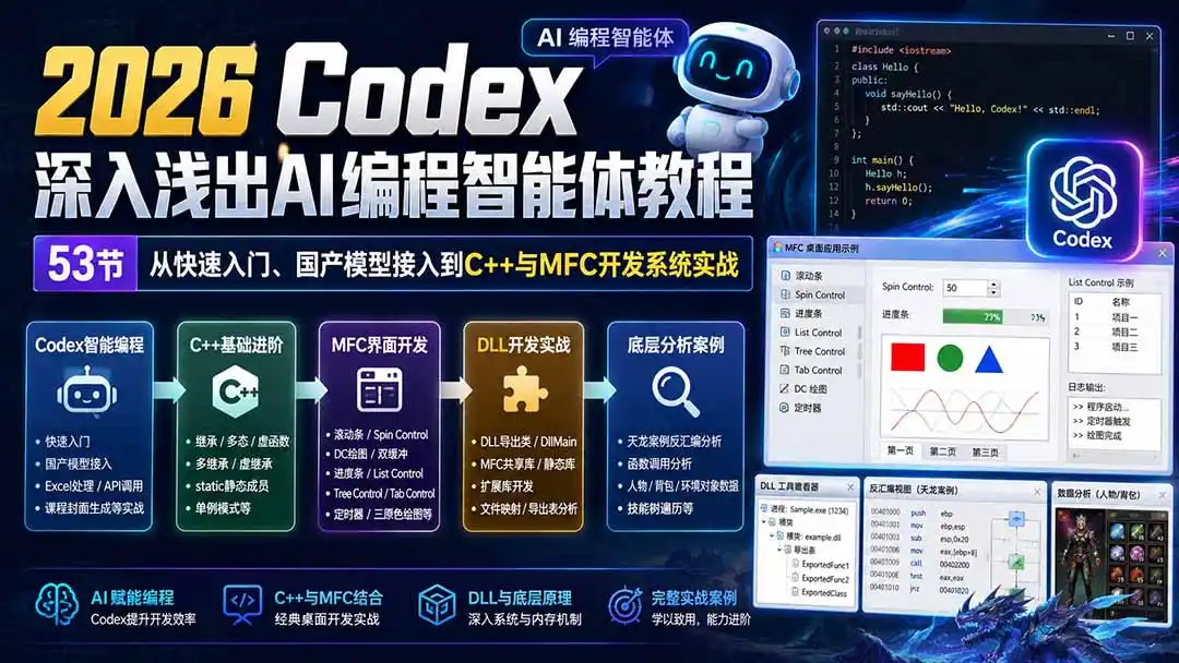 2026 Codex深入浅出AI编程智能体教程：53节从快速入门、国产模型接入到C++与MFC开发系统实战-天梦资源网