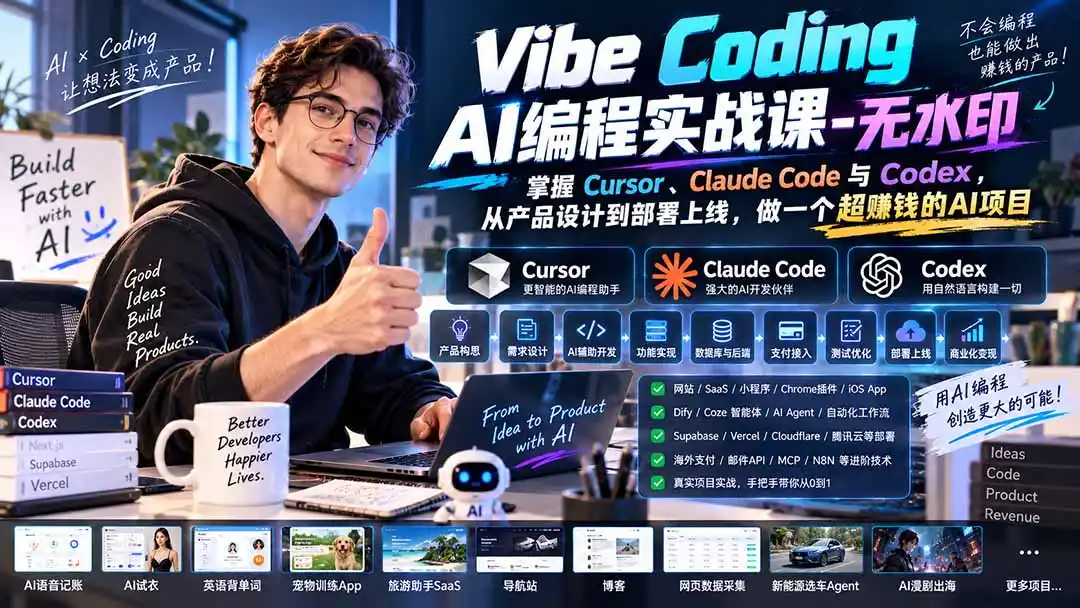 Vibe Coding AI编程实战课-无水印：掌握Cursor、Claude Code与Codex，从产品设计到部署上线，做一个超赚钱的AI项目-天梦资源网