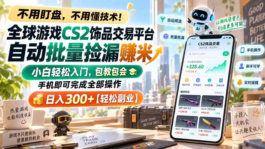 全球游戏CS2饰品交易平台自动批量捡漏赚米，小白轻松入门，包教包会，手机即可完成全部操作，日入300+【轻松副业】-天梦资源网