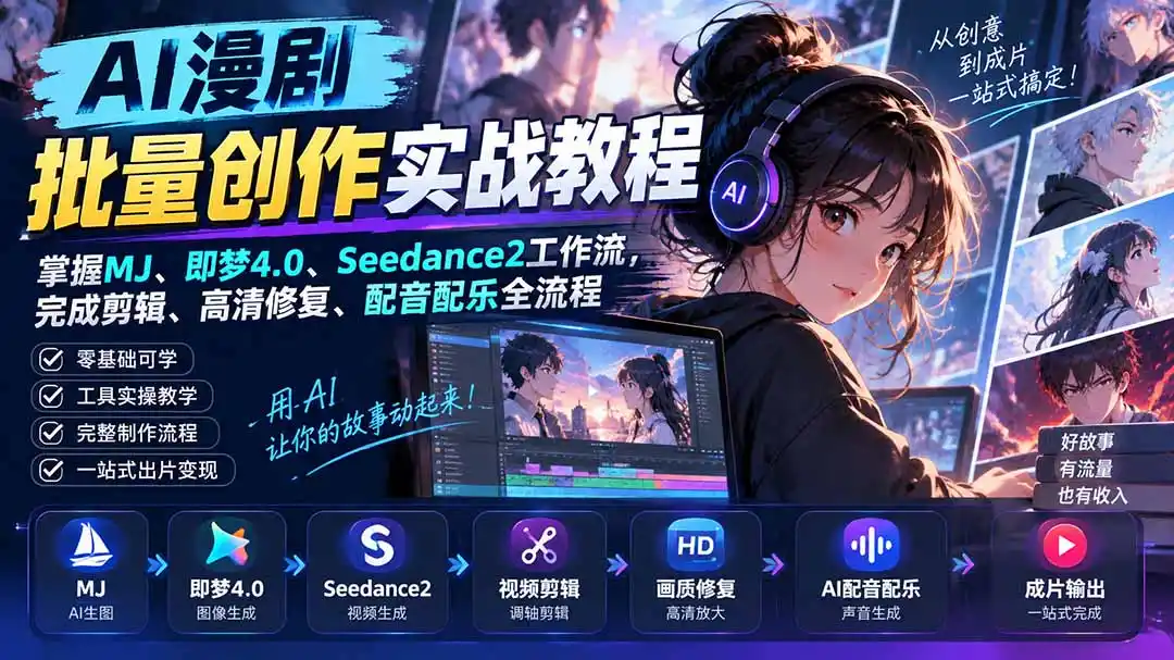 AI漫剧批量创作实战教程：掌握MJ、即梦4.0、Seedance2工作流，完成剪辑、高清修复、配音配乐全流程-天梦资源网