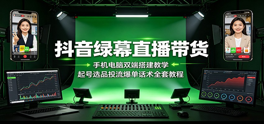 抖音绿幕直播带货：手机电脑双端搭建教学，起号选品投流爆单话术全套教程-天梦资源网