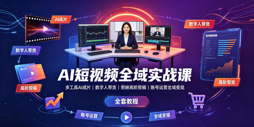 AI短视频全域实战课｜多工具AI成片、数字人带货、剪映高阶剪辑、账号运营全域变现全套教程-天梦资源网