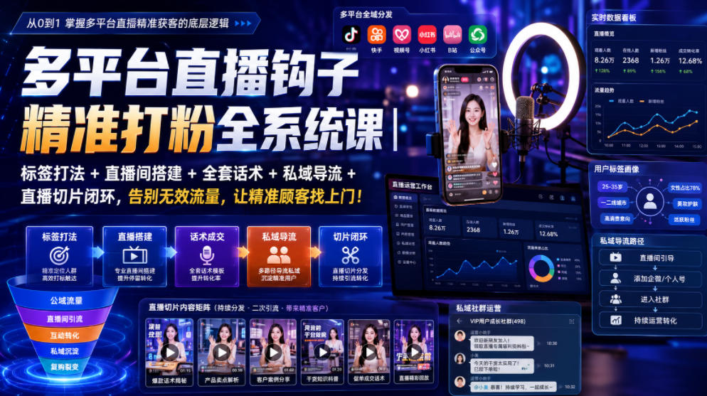 多平台直播钩子精准打粉全系统课｜标签打法+直播间搭建+全套话术+私域导流+直播切片闭环，告别无效流量，让精准顾客找上门！-天梦资源网