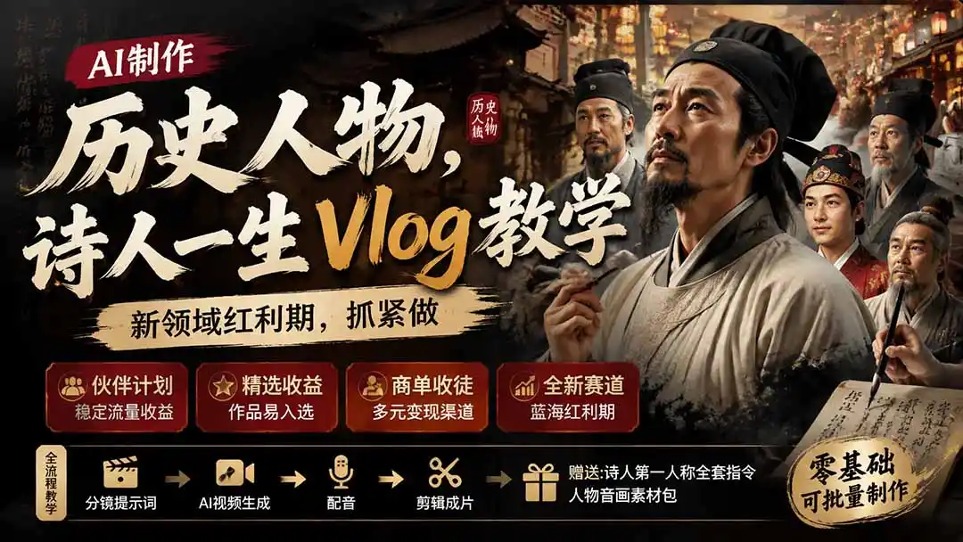 历史人物，诗人一生Vlog教学， AI制作丨伙伴计划丨精选收益丨商单收徒 ，新领域红利期，抓紧做-天梦资源网