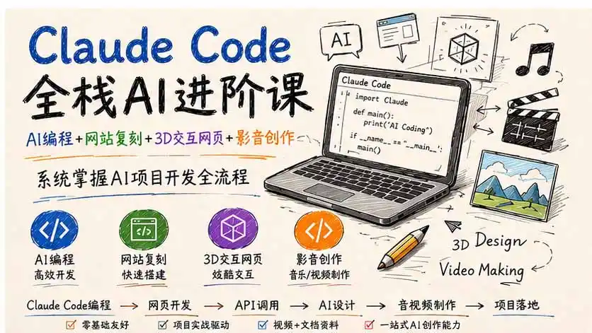 Claude Code全栈AI进阶课；AI编程+网站复刻+3D交互网页+影音创作，系统掌握AI项目开发全流程-天梦资源网