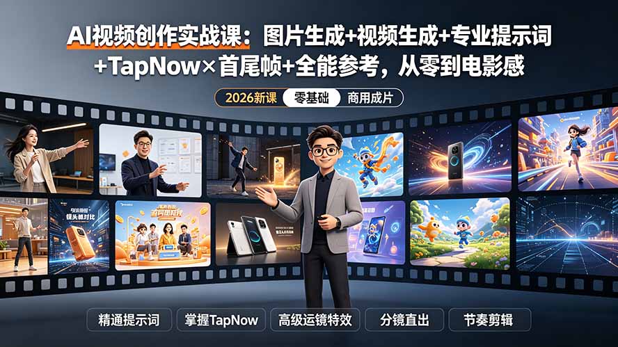 AI视频创作实战课：图片生成+视频生成+专业提示词+TapNow×首尾帧+全能参考，从零到电影感成片-天梦资源网