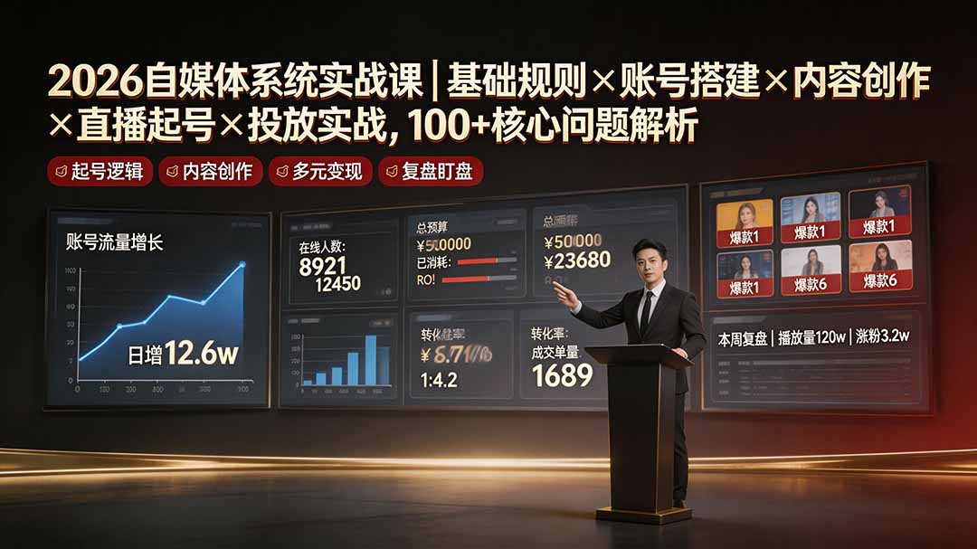 2026自媒体系统实战课｜基础规则×账号搭建×内容创作×直播起号×投放实战，100+核心问题解析-天梦资源网