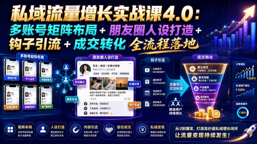 私域流量增长实战课4.0：多账号矩阵布局+朋友圈人设打造+钩子引流+成交转化全流程落地-天梦资源网