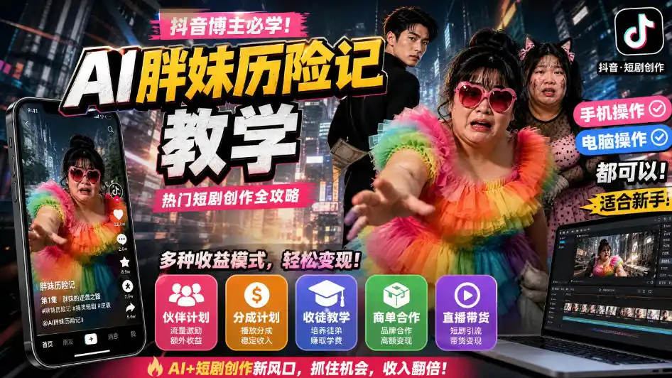抖音博主的AI胖妹历险记教学，伙伴计划+分成计划+收徒+商单等多种收益，适合新手，手机电脑都可以操作-天梦资源网