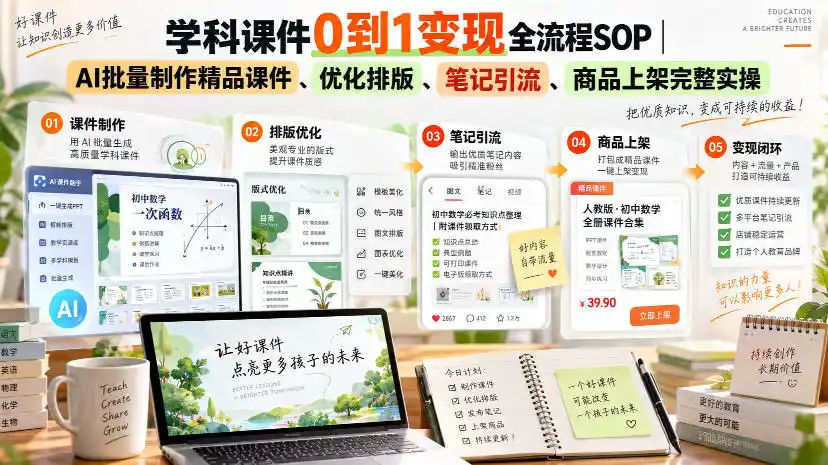 学科课件0到1变现全流程SOP｜AI批量制作精品课件、优化排版、笔记引流、商品上架完整实操-天梦资源网