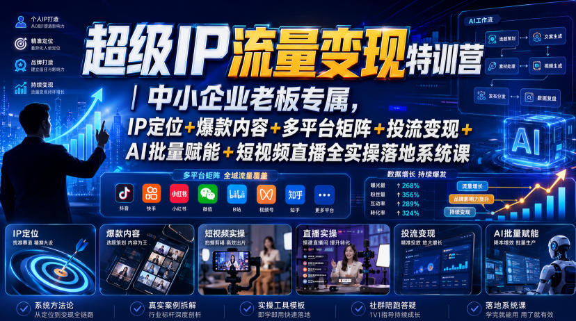 超级IP流量变现特训营｜中小企业老板专属，IP定位+爆款内容+多平台矩阵+投流变现+AI批量赋能+短视频直播全实操落地系统课-天梦资源网
