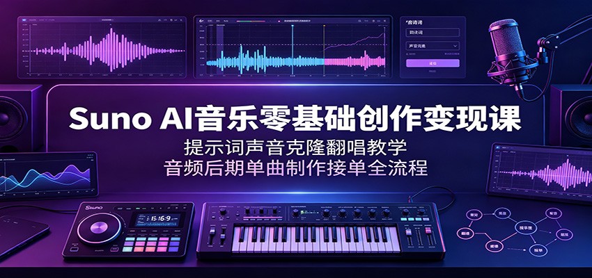 Suno AI音乐零基础创作变现课：提示词声音克隆翻唱教学，音频后期单曲制作接单全流程-天梦资源网