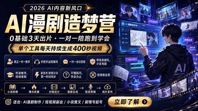 AI漫剧造梦营：0基础3天出片，单个工具每天持续生成400秒视频-天梦资源网