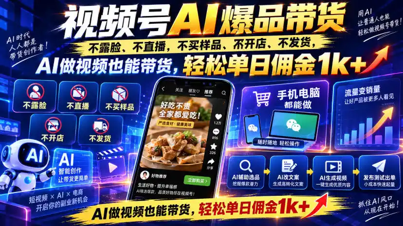 视频号Ai爆品带货，不露脸、不直播、不买样品、不开店、不发货，AI做视频也能带货，轻松单日佣金1k+-天梦资源网